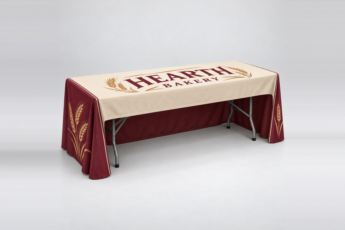 Regular 3-sided table cover with printed top and front
