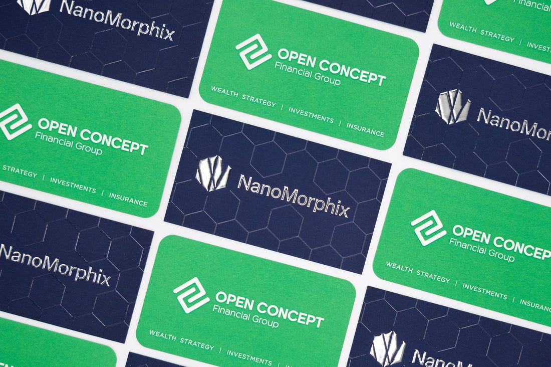 Soft touch business card with raised spot UV accents