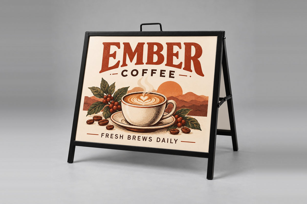 Custom 18 x 24 A-frame insert in a black metal sidewalk sign