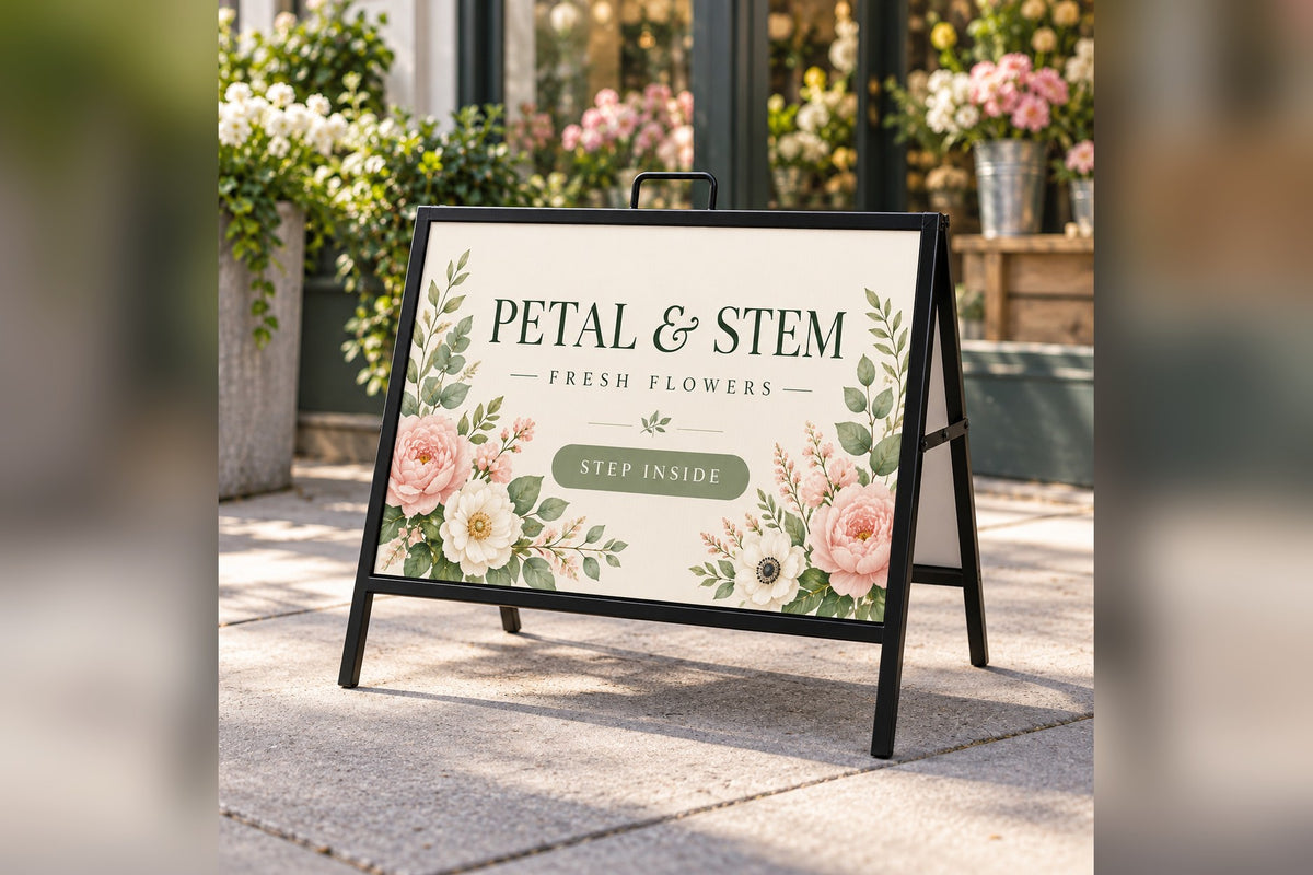 A-frame sign with a printed coroplast insert outside a flower shop