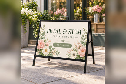 A-frame sign with a printed coroplast insert outside a flower shop