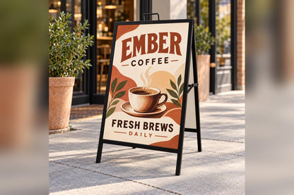 24 x 36 A-frame insert on a sidewalk outside a coffee shop