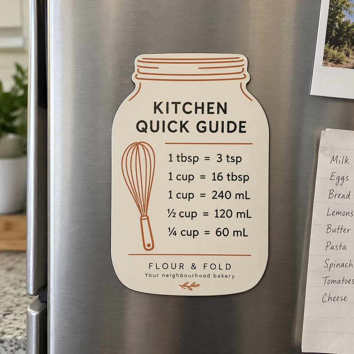 Custom jar-shaped fridge magnet with a kitchen measurement guide on a stainless steel fridge
