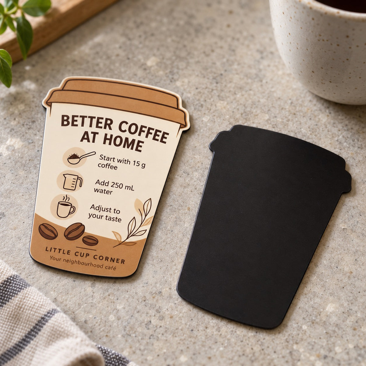 Custom coffee cup-shaped fridge magnet front and magnetic back