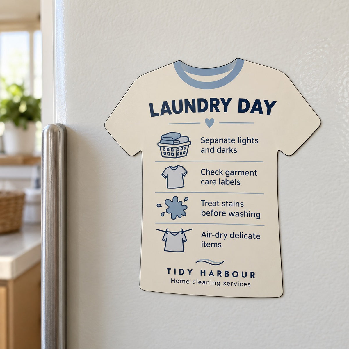 Custom T-shirt-shaped fridge magnet with laundry tips on a fridge door