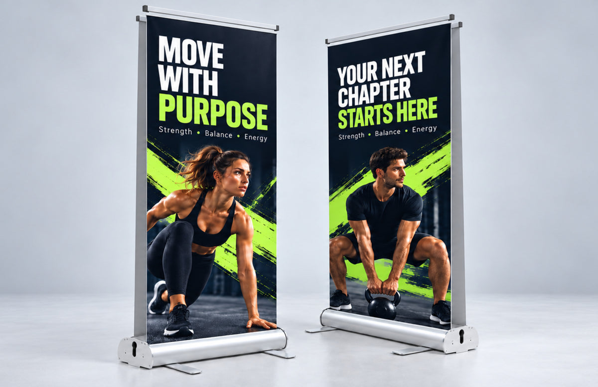 Double sided roll up banners showing front and back graphics