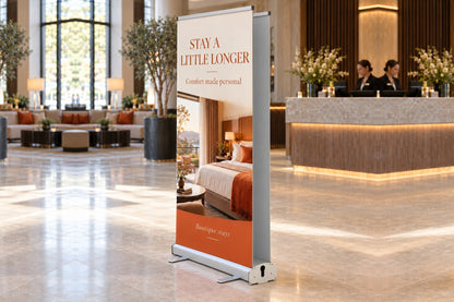 Double sided roll up banner in a hotel lobby