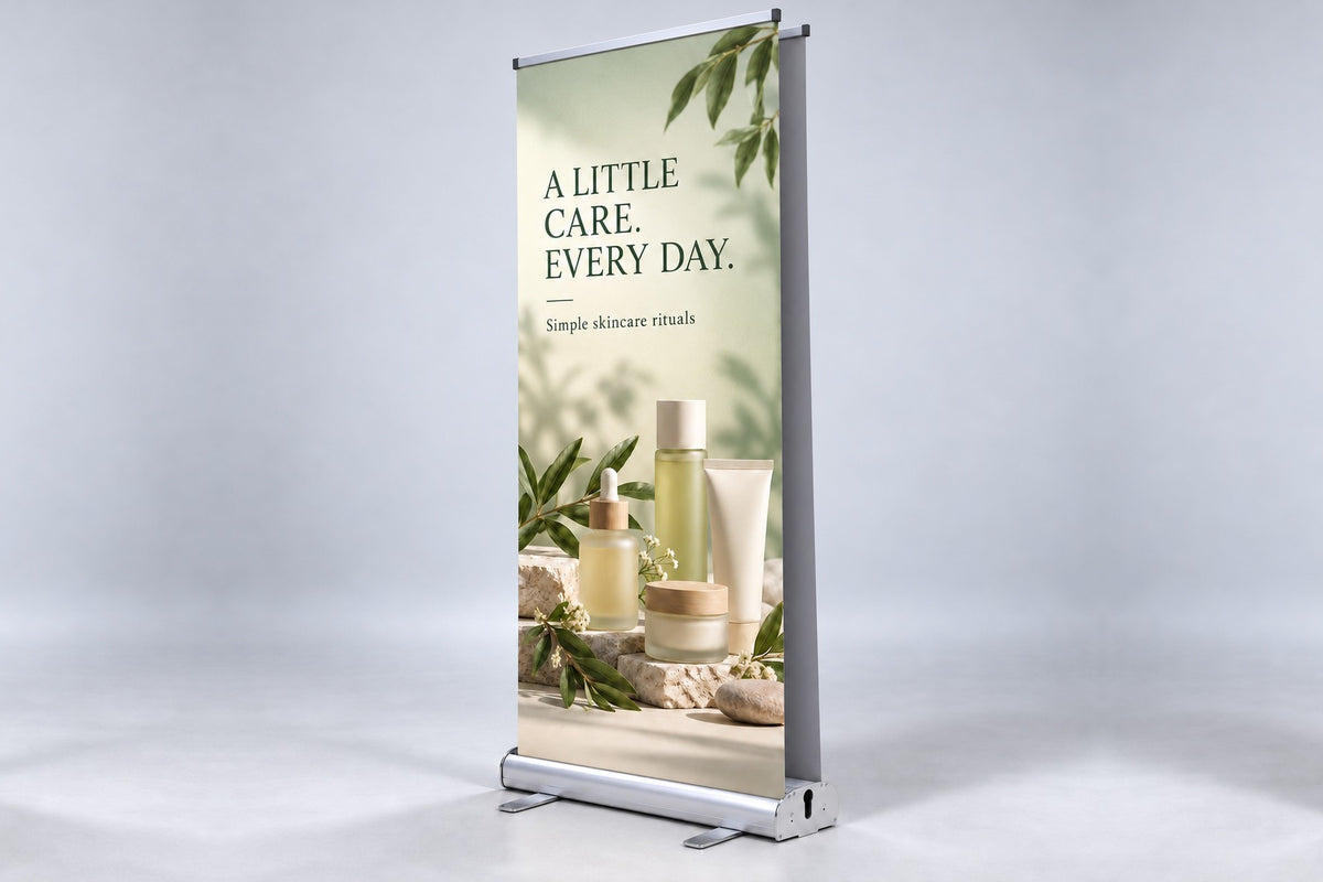 Double sided roll up banner for a skincare brand