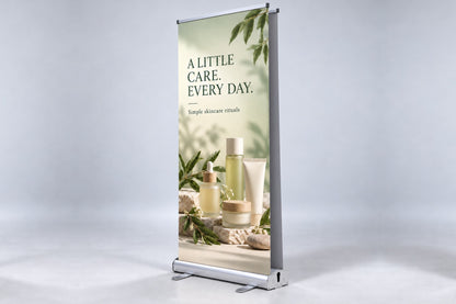 Double sided roll up banner for a skincare brand