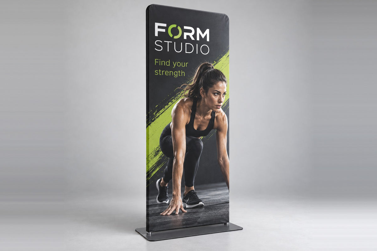 36 x 90 fabric display with a fitness studio graphic