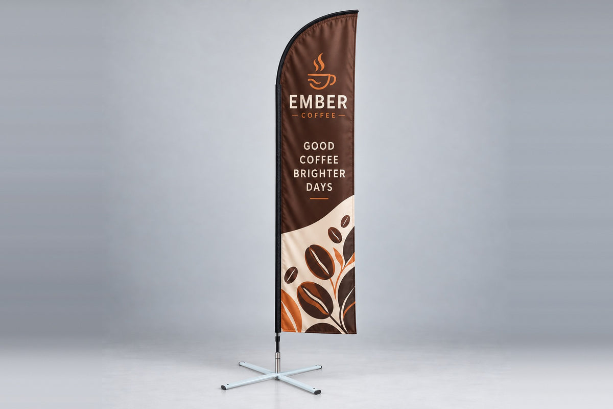 Custom feather flag with a coffee shop design on a cross base