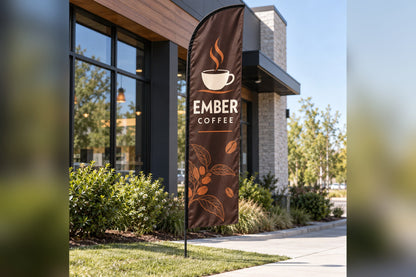 Custom feather flag outside a storefront