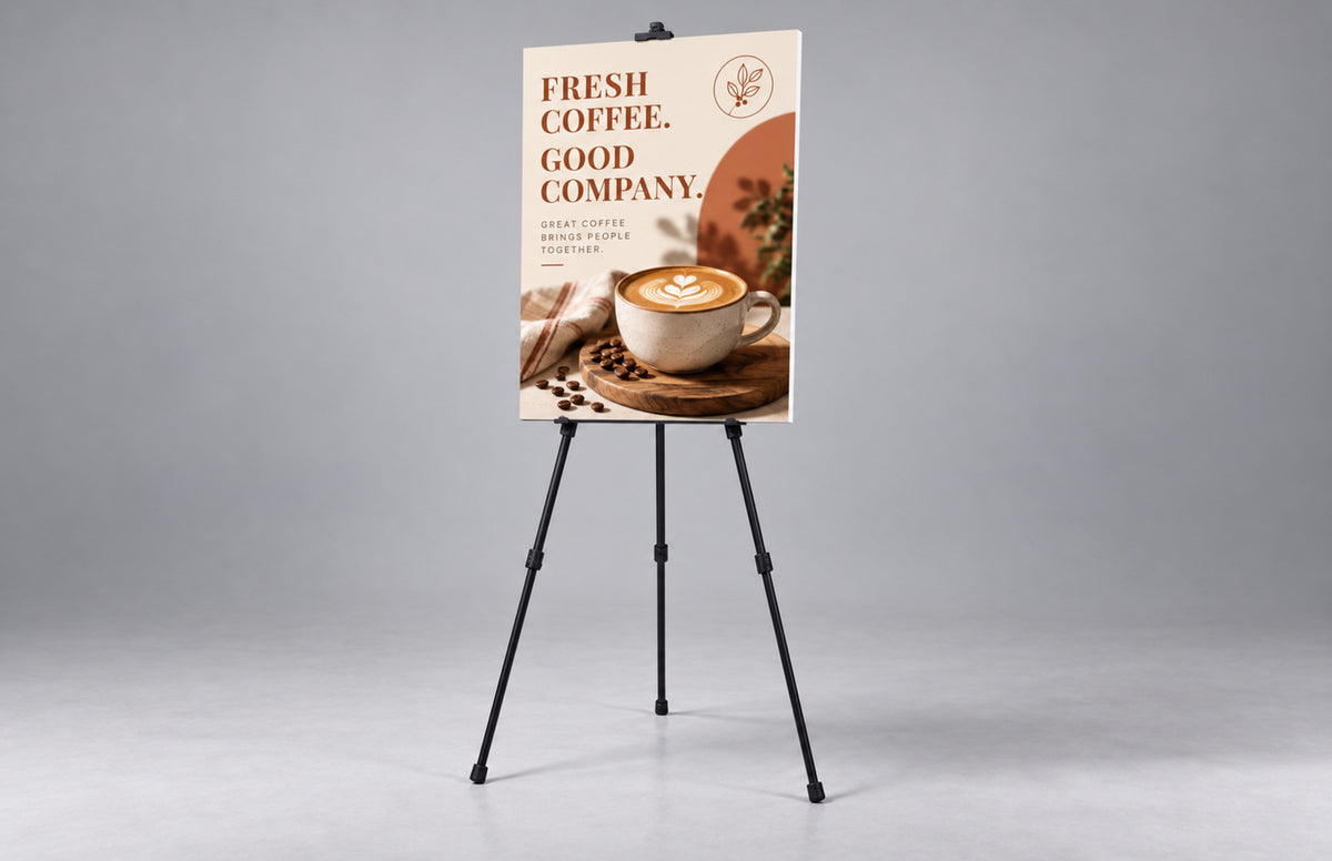 Printed 4mm foam board sign on an easel at a coffee shop