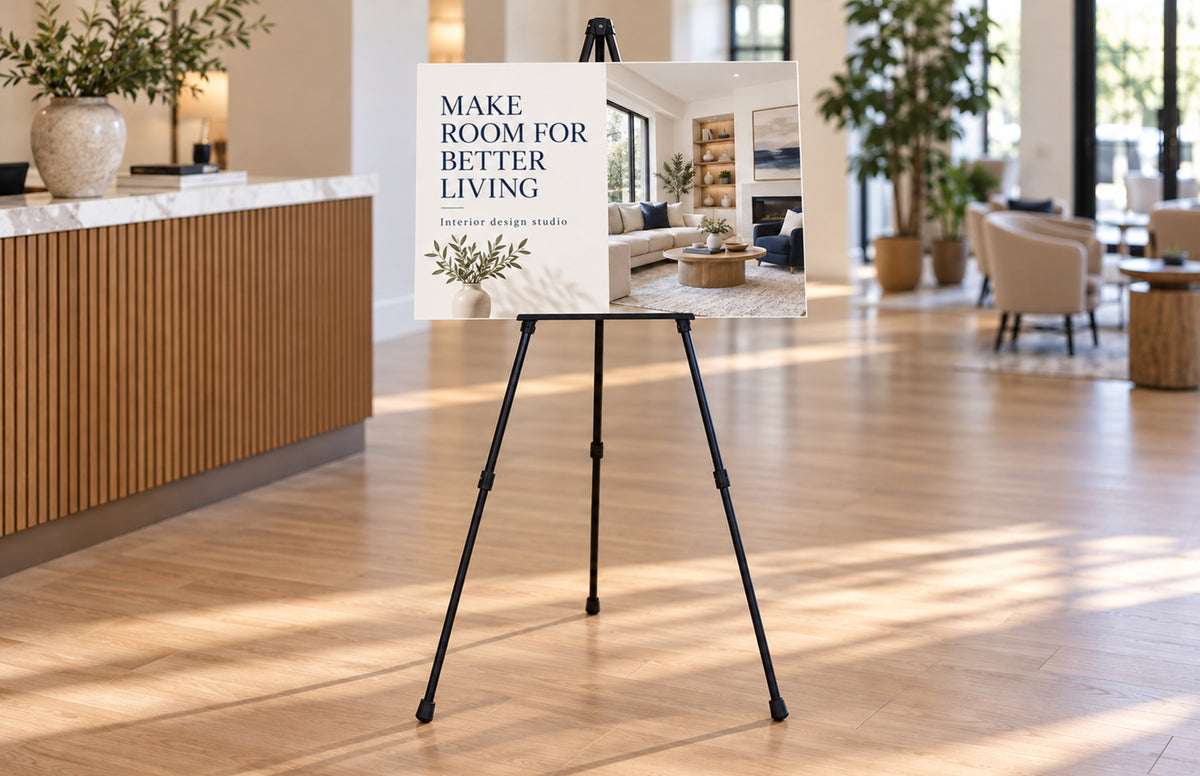 4mm foam board sign on an easel for an interior design studio
