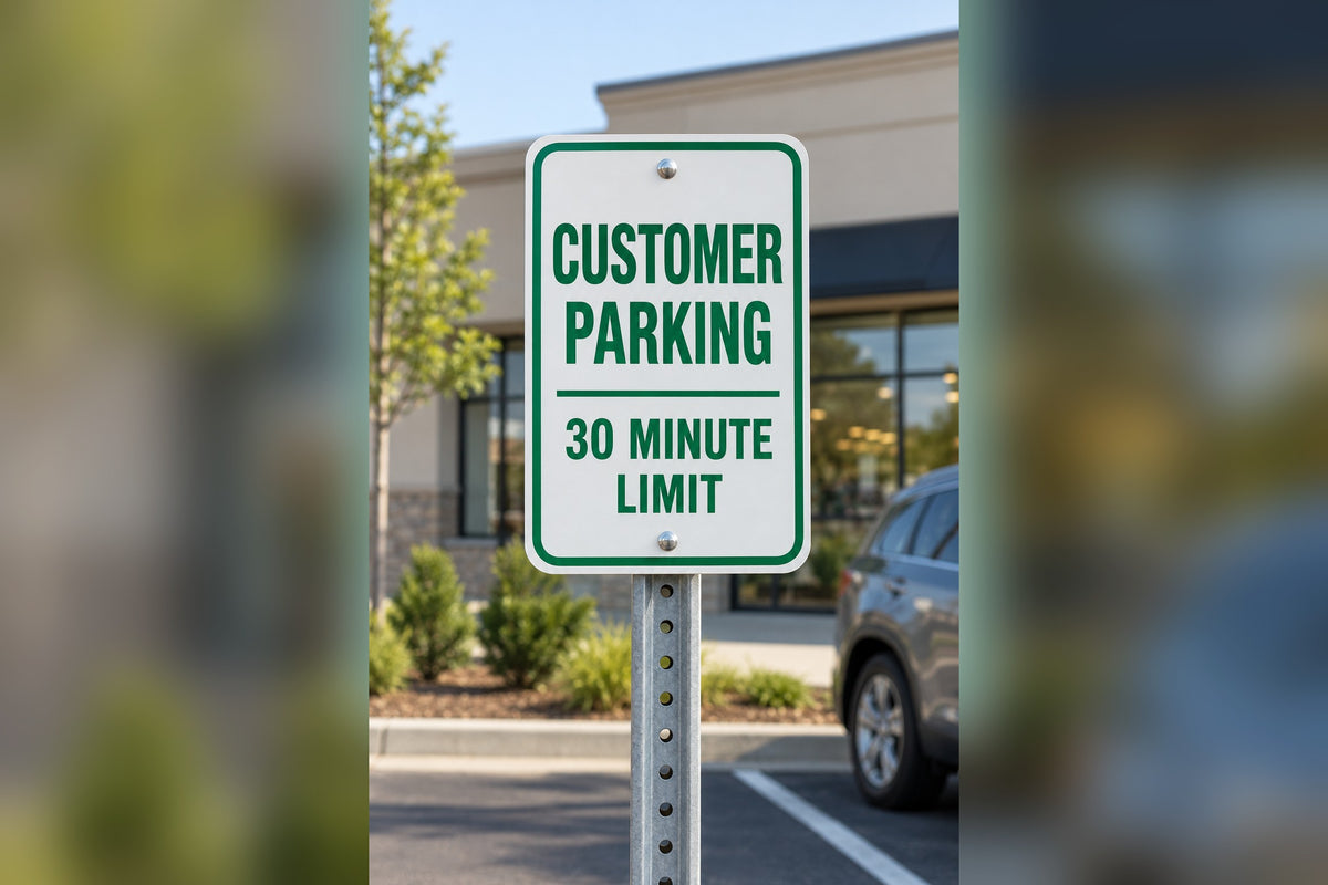 Customer parking sign mounted on a sign post
