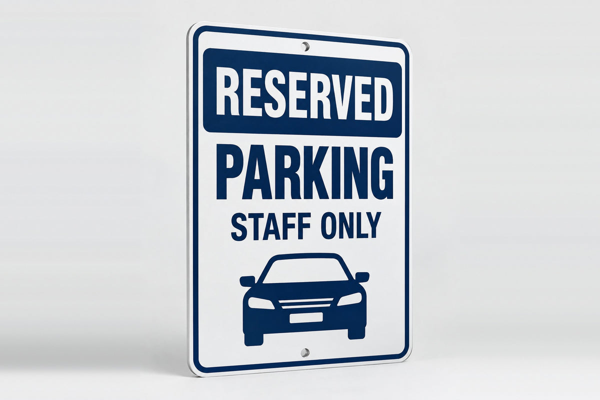 Custom reserved staff parking sign on aluminum panel