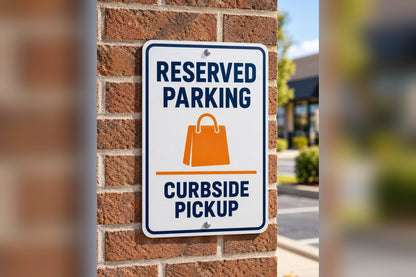 Reserved curbside pickup parking sign mounted on a brick wall