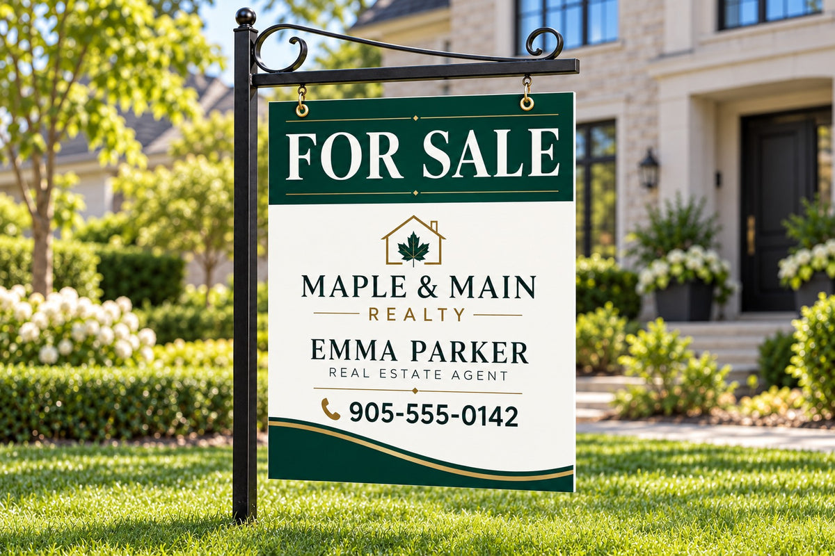 Custom For Sale real estate sign on a lawn
