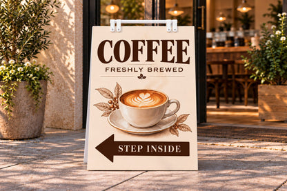 Sandwich board sign outside a cafe