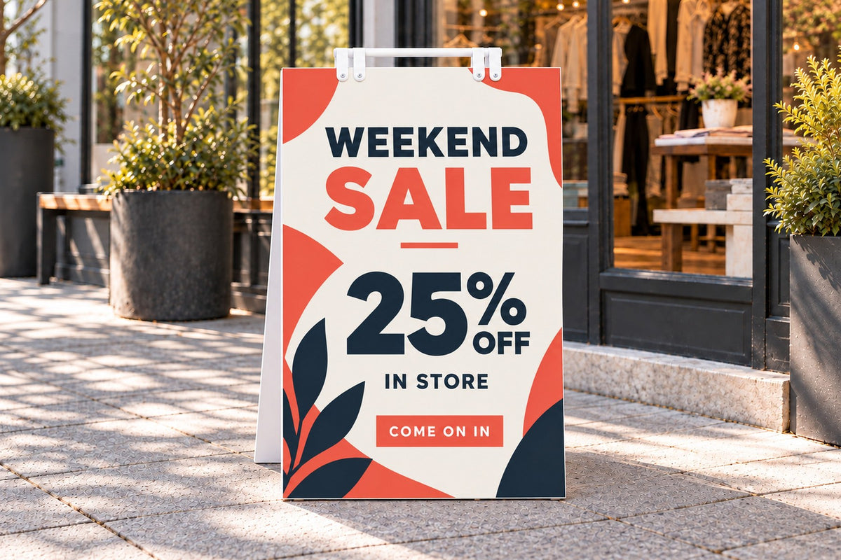 Sandwich board advertising a retail sale