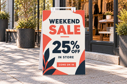 Sandwich board advertising a retail sale