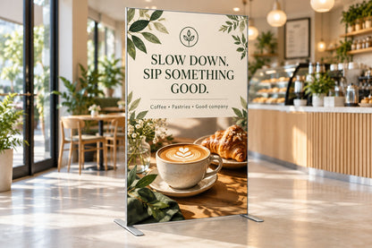 SEG frame stand with a printed fabric graphic inside a cafe