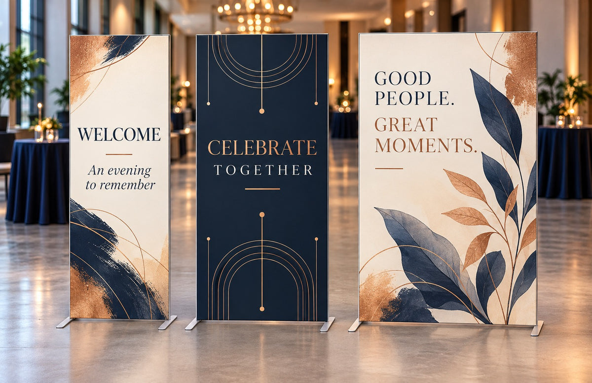Three SEG frame stands in 36, 48 and 60 inch widths at an event venue
