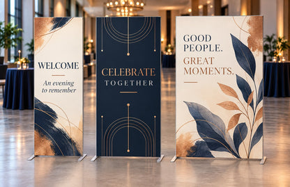 Three SEG frame stands in 36, 48 and 60 inch widths at an event venue