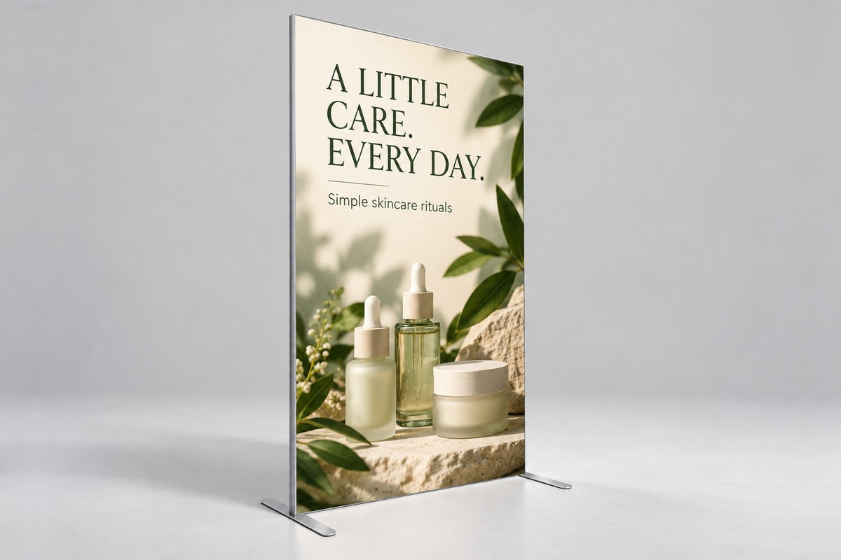SEG frame stand with a skincare retail graphic