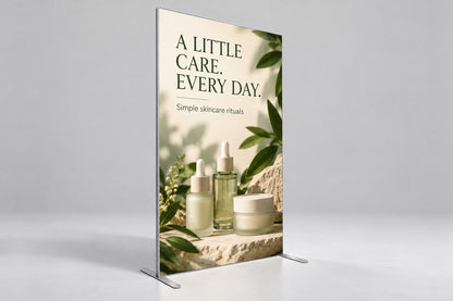 SEG frame stand with a skincare retail graphic