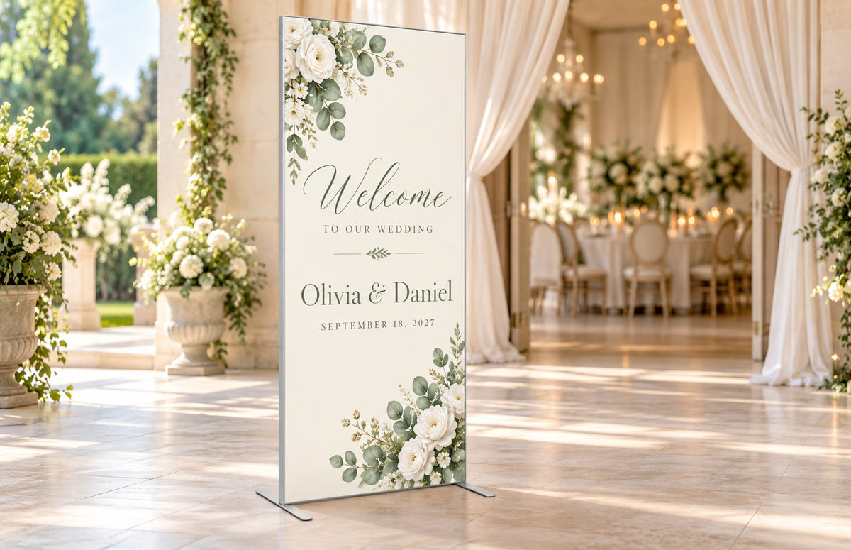 SEG frame stand used as a wedding welcome sign