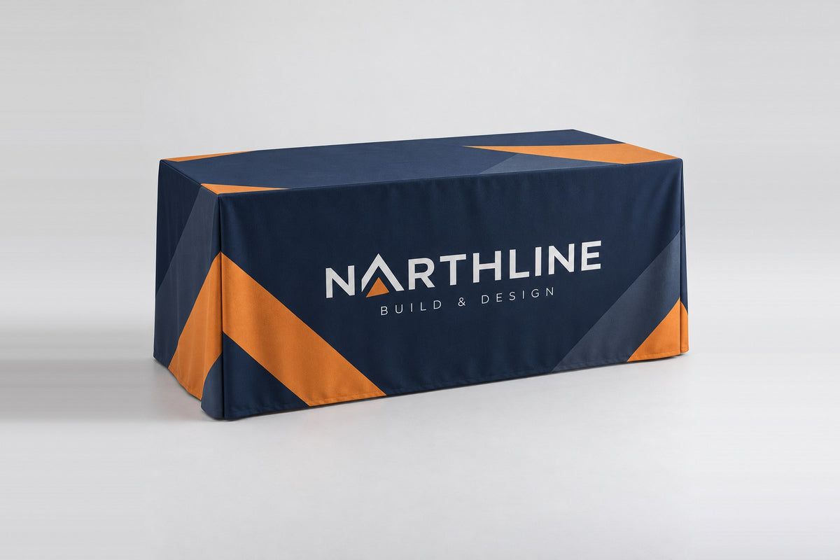 Fitted table cover with a construction company logo