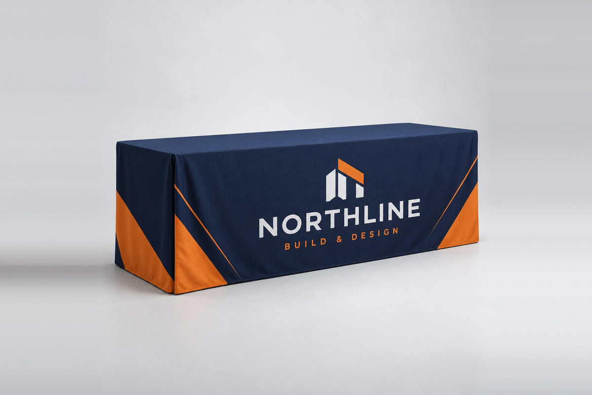 Fitted table cover printed on the front and ends