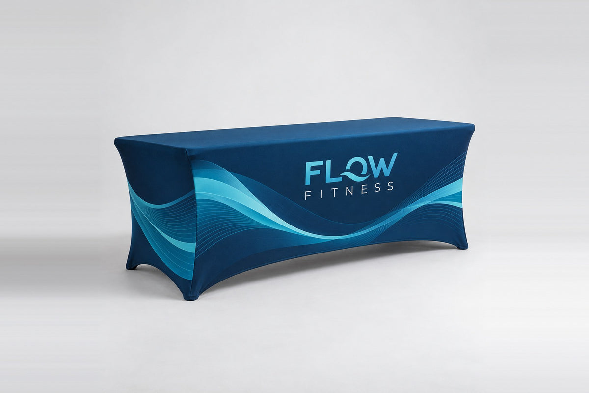 Stretch table cover with a wave graphic