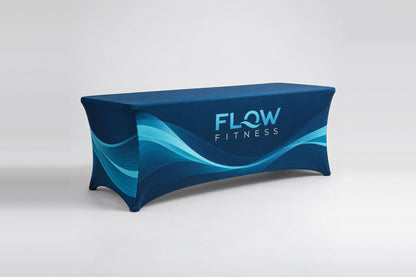 Stretch table cover with a wave graphic