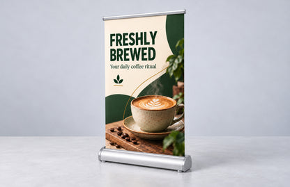 Tabletop roll up banner for a coffee shop promotion