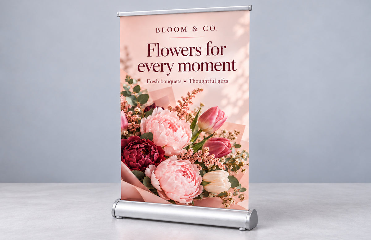 Tabletop roll up banner for a florist shop counter
