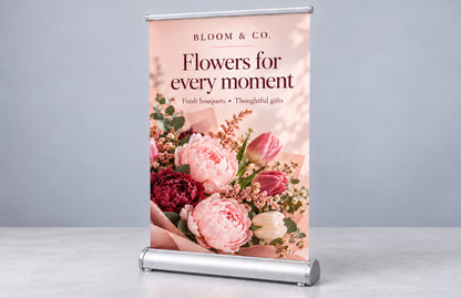 Tabletop roll up banner for a florist shop counter