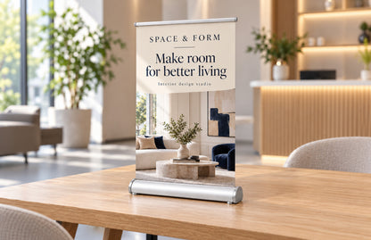 Tabletop roll up banner on a reception table