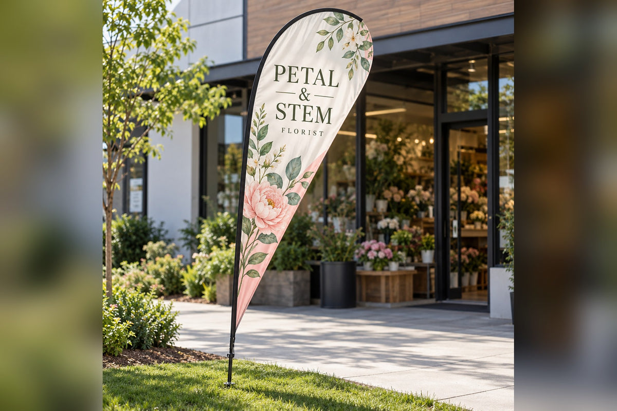 Custom teardrop flag outside a flower shop