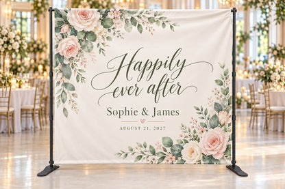 Floral wedding banner backdrop in a reception hall
