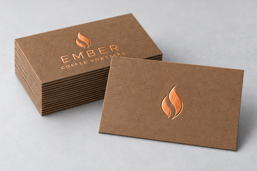 Dark Brown Kraft business cards stacked, 32pt foil stamped
