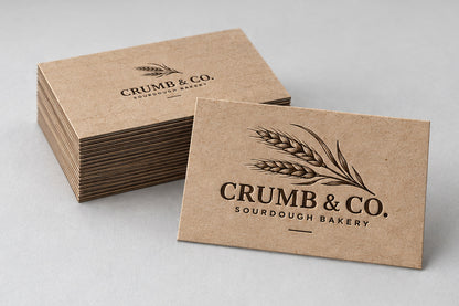 Light Brown Kraft business cards stacked, 28pt letterpress printed