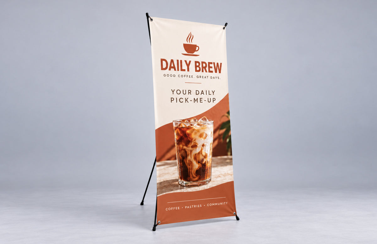 X banner for a coffee shop on its stand