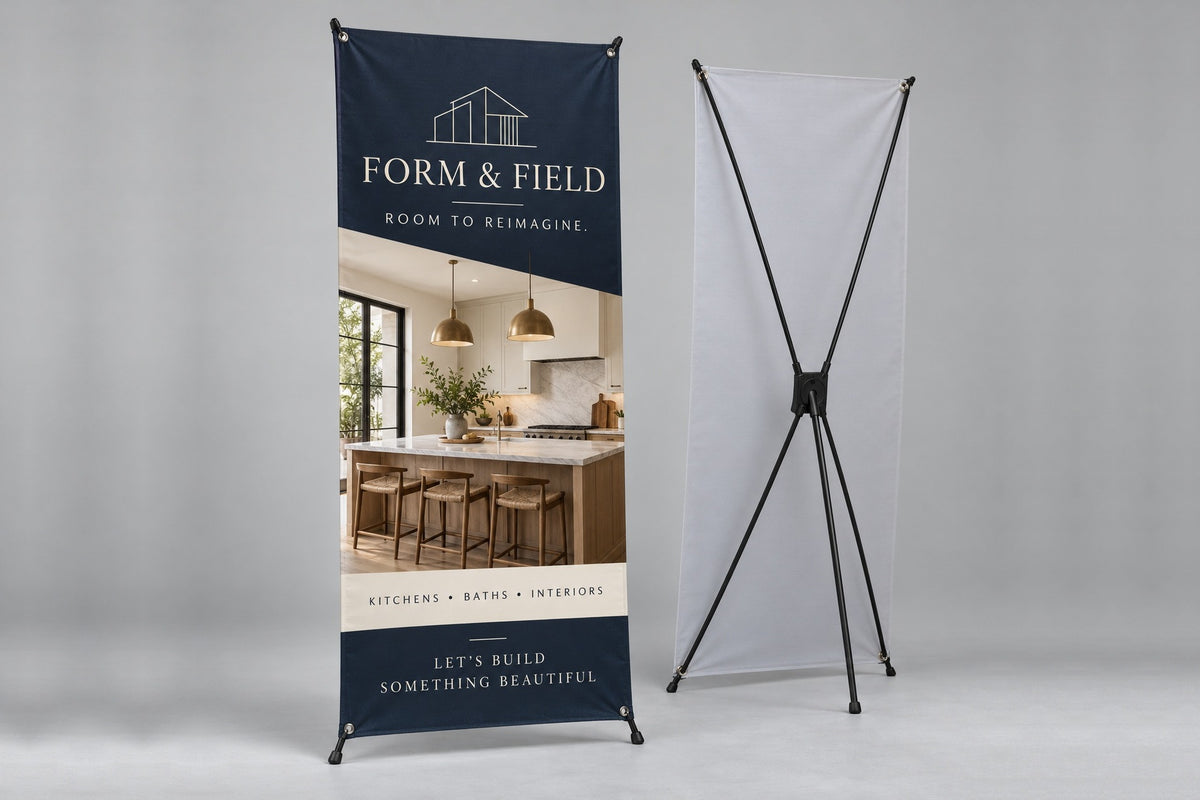 X banner front view next to the empty X-frame stand