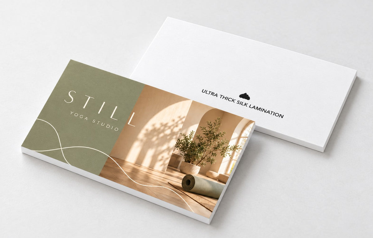 Close-up of Ultra Thick Silk Lamination business card front and back