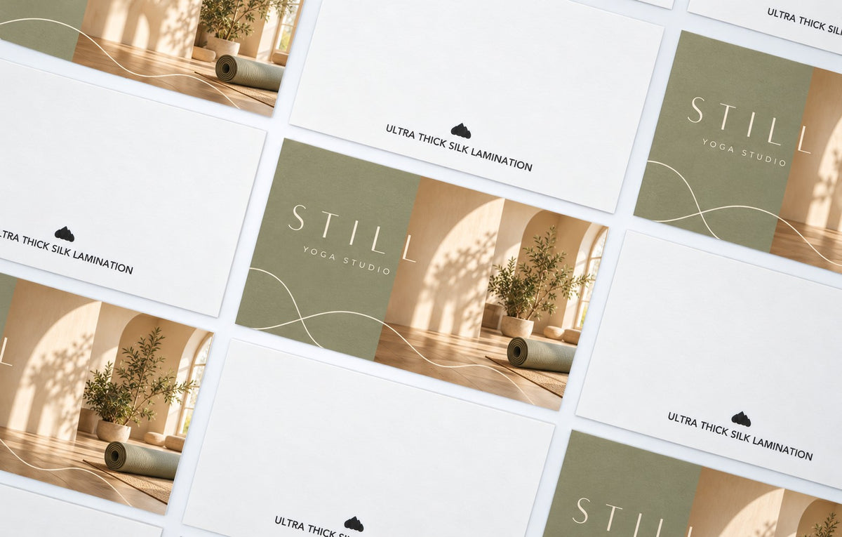 Ultra Thick Silk Lamination business cards laid out front and back