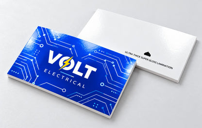 Close-up of Ultra Thick Super Gloss Lamination business card front and back