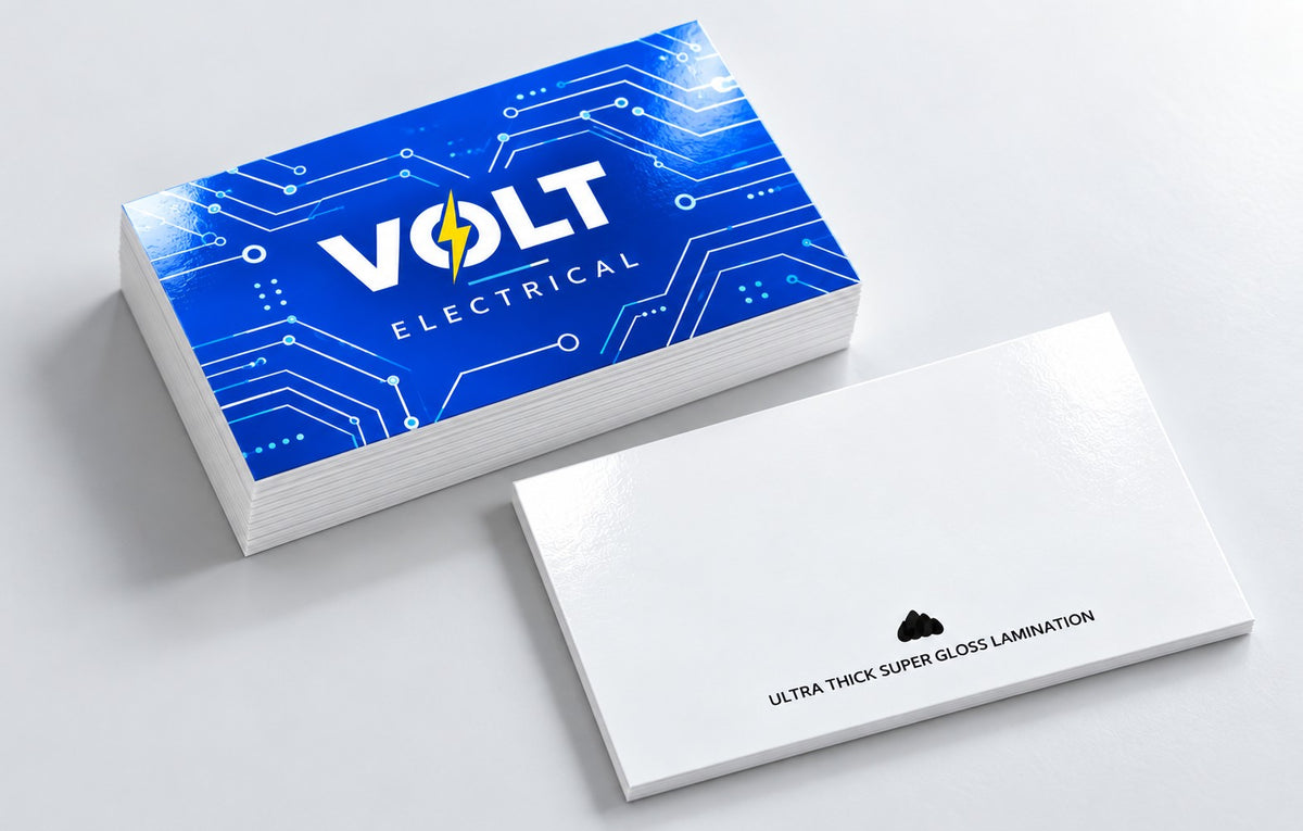 Ultra Thick Super Gloss Lamination business cards stacked, 32pt with high-gloss finish