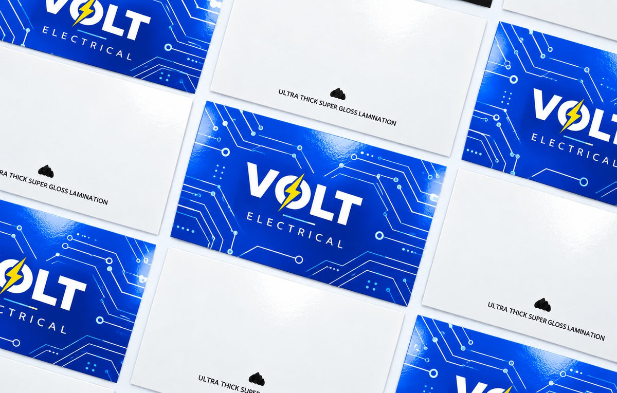 Ultra Thick Super Gloss Lamination business cards laid out front and back